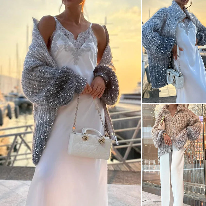 スパンコール付きの無地ニットセーター